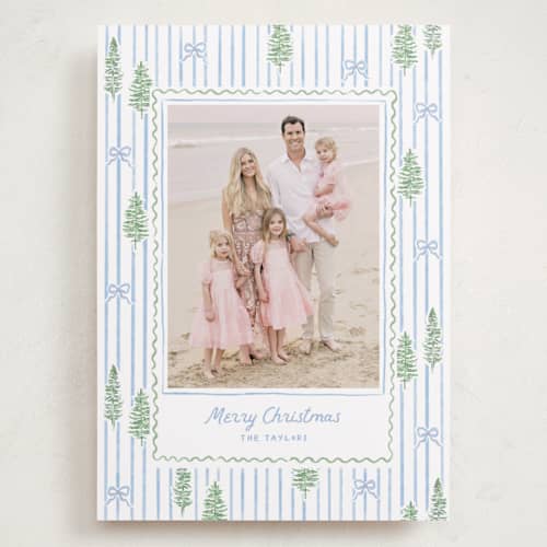 This is a blue jay holiday photo cards with standard by Creo Study called trees and bows printing on recycled smooth signature in grand