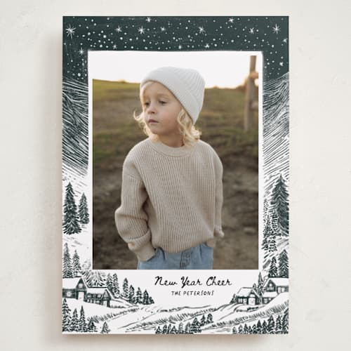 This is a midnight holiday photo cards with standard by Jenna Holcomb called snowy night printing on recycled smooth signature in grand