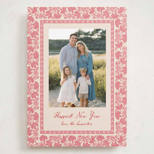 This is a santa suit holiday photo cards with standard by Creo Study called floral block print printing on recycled smooth signature in grand