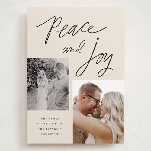This is a cream holiday photo cards with standard by Kercia Jane called blessings of peace & joy printing on recycled smooth signature in grand