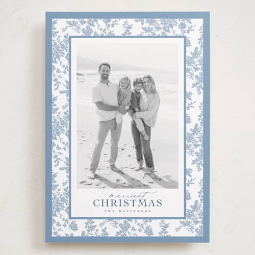 This is a powder holiday photo cards with standard by Jenna Holcomb called merry floral toile printing on recycled smooth signature in grand