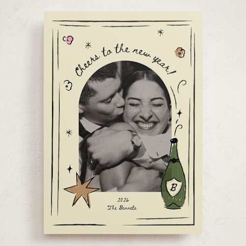 This is a champagne holiday photo cards with standard by Helena Vitto called drunk in love printing on recycled smooth signature in grand