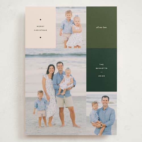This is a pine holiday photo cards with standard by Annie Clark called off the grid printing on recycled smooth signature in grand