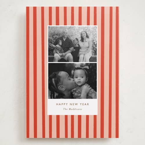 This is a candy cane holiday photo cards with standard by Bethan called striped snaps printing on recycled smooth signature in grand