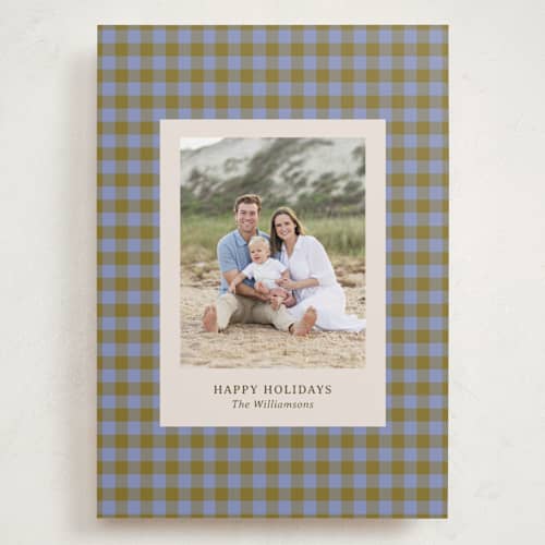 This is a blueberry holiday photo cards with standard by Beth Vassalo called cozy gingham printing on recycled smooth signature in grand