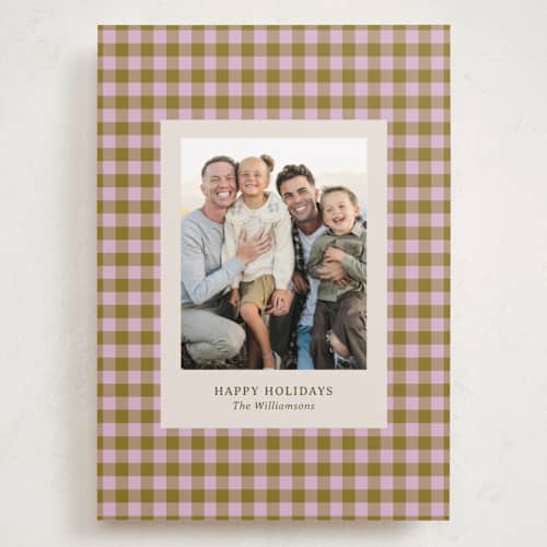 This is a peony holiday photo cards with standard by Beth Vassalo called cozy gingham printing on recycled smooth signature in grand