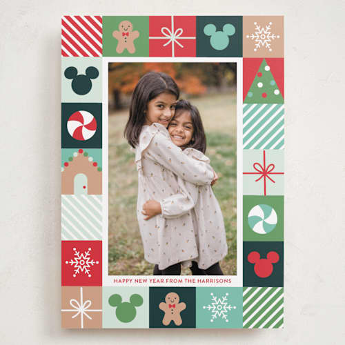 This is a teal holiday photo cards with standard by Annie Holmquist called disney's mickey mouse holiday border printing on recycled smooth signature in grand