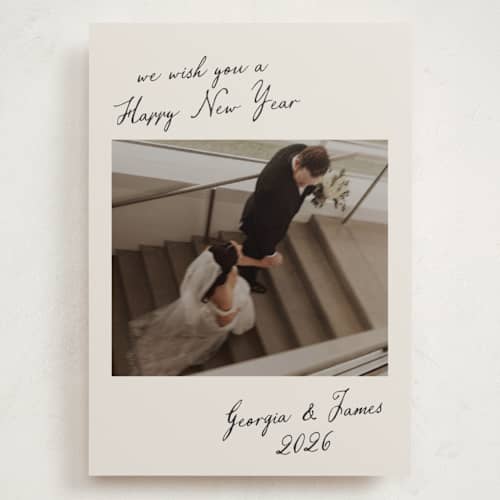 This is a sandstone holiday photo cards with standard by Nicole Walsh called new year note printing on recycled smooth signature in grand