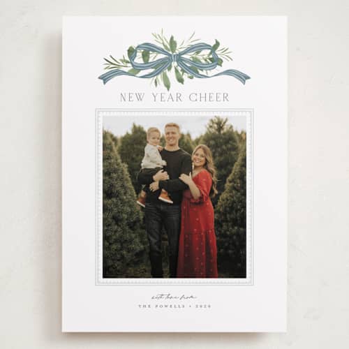 This is a blue jay holiday photo cards with standard by Everett Paper Goods called greenery swag printing on recycled smooth signature in grand