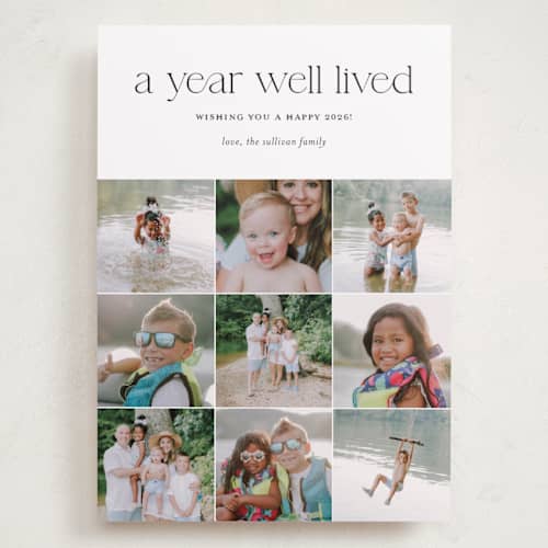 This is a midnight holiday photo cards with standard by Shari Margolin called annual review printing on recycled smooth signature in grand