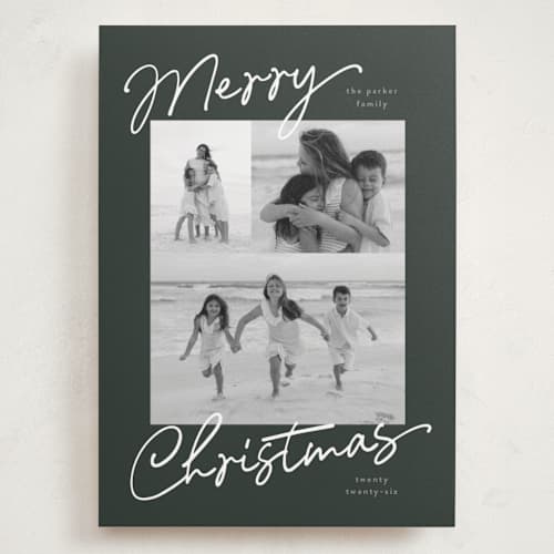 This is a evergreen holiday photo cards with standard by Pixel and Hank called scripted trio printing on recycled smooth signature in grand