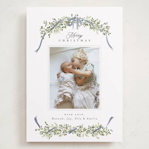 This is a blue spruce holiday photo cards with standard by Everett Paper Goods called boughs of pine printing on recycled smooth signature in grand