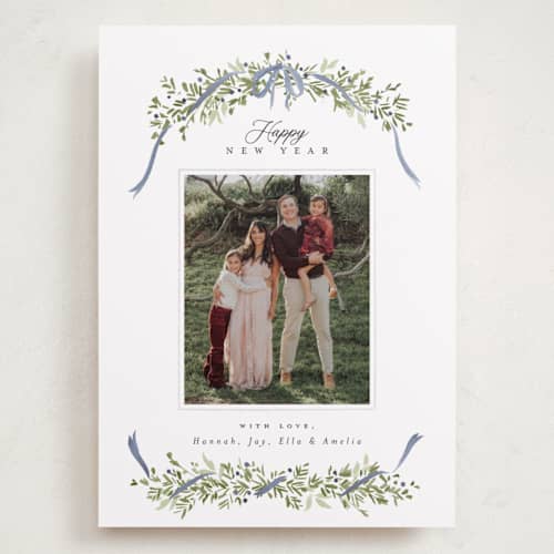 This is a blue spruce holiday photo cards with standard by Everett Paper Goods called boughs of pine printing on recycled smooth signature in grand