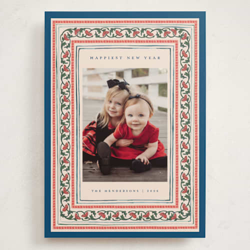 This is a blue jay holiday photo cards with standard by Teju Reval called festive block print printing on recycled smooth signature in grand