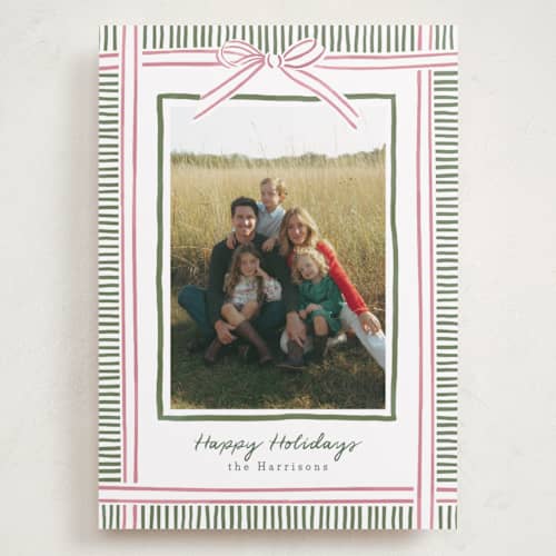 This is a pink sand holiday photo cards with standard by Chris Griffith called holiday wrap printing on recycled smooth signature in grand
