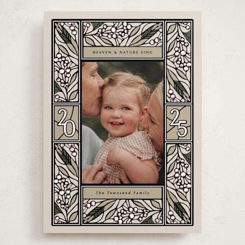 This is a eggnog holiday photo cards with standard by Thomas Ward called teaberry stained glass printing on recycled smooth signature in grand