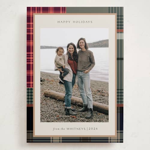 This is a rustic holiday photo cards with standard by Makewells called antiqued plaid printing on recycled smooth signature in grand
