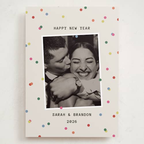 This is a ecru holiday photo cards with standard by Kercia Jane called confetti moment printing on recycled smooth signature in grand