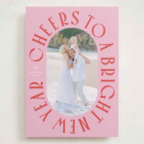This is a peppermint holiday photo cards with standard by Erin German called cheers to a bright new year printing on recycled smooth signature in grand