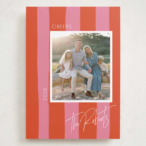 This is a blood orange holiday photo cards with standard by Cindy Reynolds called painted stripes printing on recycled smooth signature in grand