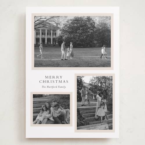 This is a ivory holiday photo cards with standard by Angela Thompson called triple frame printing on recycled smooth signature in grand