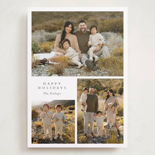 This is a snowflake holiday photo cards with standard by Angela Thompson called happy trio printing on recycled smooth signature in grand