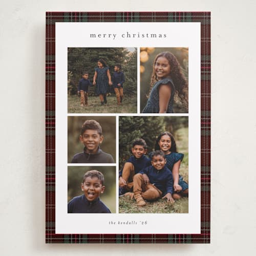 This is a burgundy holiday photo cards with standard by Stacey Meacham called plaid collage printing on recycled smooth signature in grand