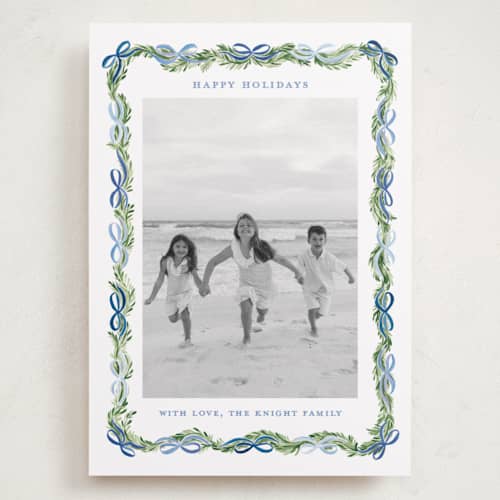This is a frosted holiday photo cards with standard by Sarah Knight called boughs of bows printing on recycled smooth signature in grand