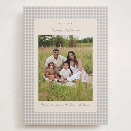 This is a ash holiday photo cards with standard by Emily Betts called gingham vintage printing on recycled smooth signature in grand