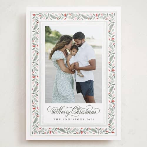This is a berry holiday photo cards with standard by Kristen Smith called painted garland printing on recycled smooth signature in grand