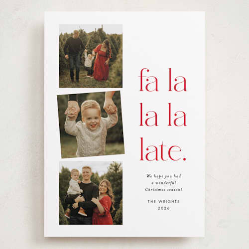 This is a crimson holiday photo cards with standard by Amy Payne called fa la la la late printing on recycled smooth signature in grand