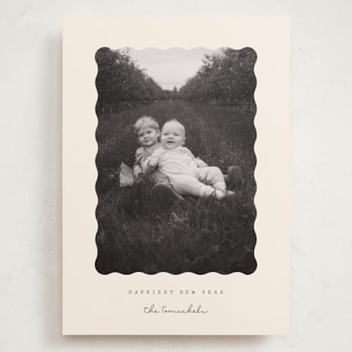 This is a chardonnay holiday photo cards with standard by Sara Hicks Malone called nostalgic blessings printing on recycled smooth signature in grand