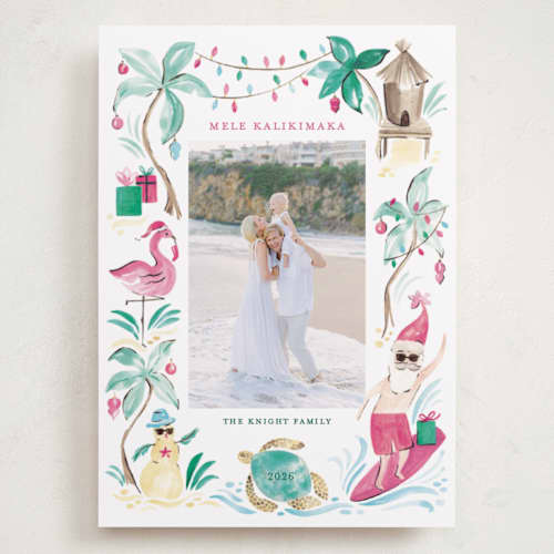 This is a guava holiday photo cards with standard by Sarah Knight called merry luau printing on recycled smooth signature in grand