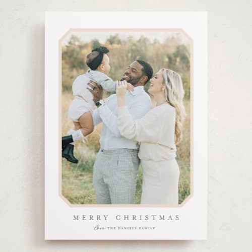 This is a buttercream holiday photo cards with standard by Carolyn MacLaren called vintage bevel printing on recycled smooth signature in grand
