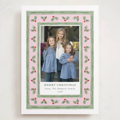 This is a candy holiday photo cards with standard by Lauren Jopling called holly berry frame printing on recycled smooth signature in grand