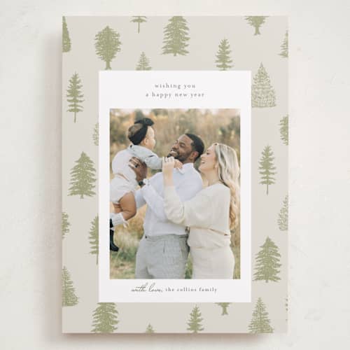 This is a greenery holiday photo cards with standard by Heather Cairl called all evergreen printing on recycled smooth signature in grand