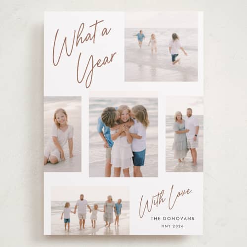 This is a copper holiday photo cards with standard by Stacey Meacham called simply scripted printing on recycled smooth signature in grand