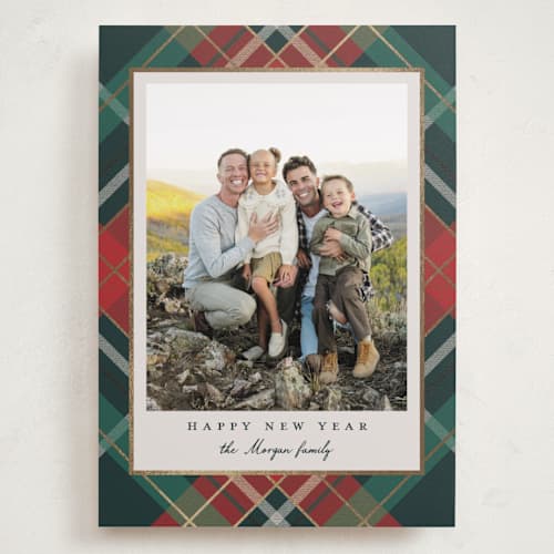 This is a coal foil stamped holiday cards with foil pressed by Petra Kern called fancy plaid printing on recycled smooth signature in grand