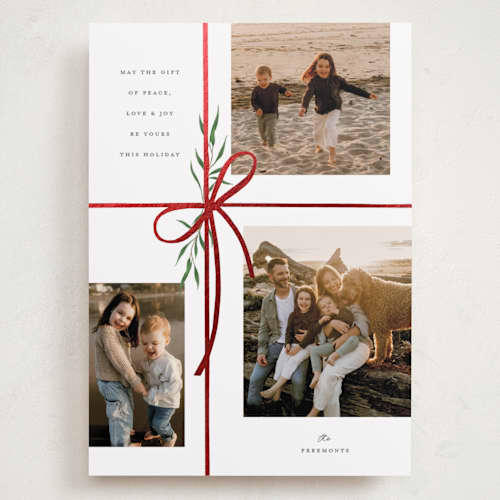 This is a snow foil stamped holiday cards with foil pressed by Susan Zinader called holiday gifts printing on recycled smooth signature in grand