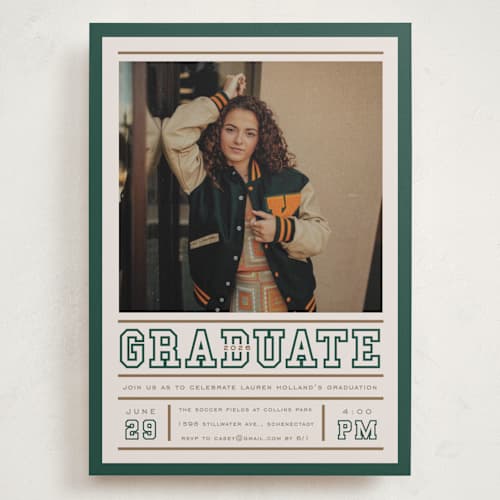 This is a vintage graduation invitations with standard by Erin L. Wilson called varsity frame printing on recycled smooth signature in grand