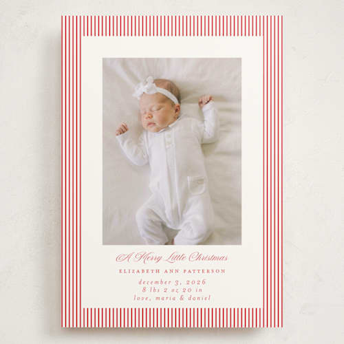 This is a cranberry babys first christmas with standard by Jennifer Holbrook called holiday baby stripes printing on signature in grand
