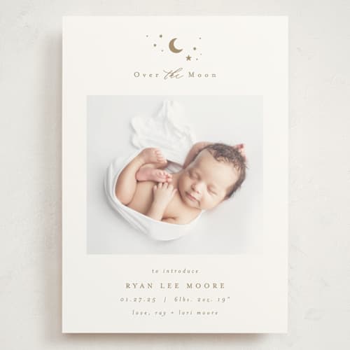 This is a fawn grand birth announcements with standard by AK Graphics called over the moon printing on signature in grand