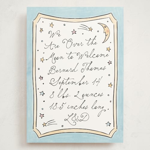 This is a sky grand birth announcements with standard by Ashlee Townsend called over the moon and back printing on signature in grand