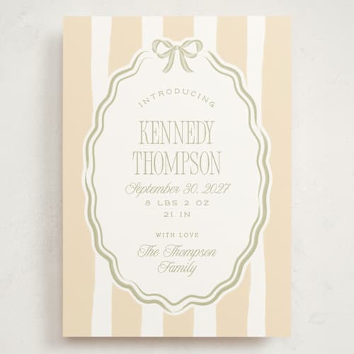 This is a sage grand birth announcements with standard by Robert and Stella called bow frame printing on signature in grand