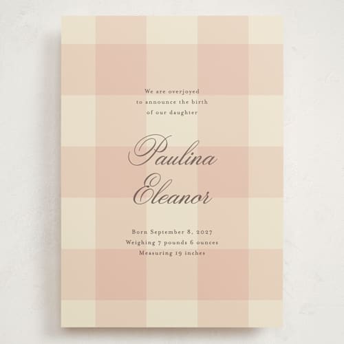 This is a blush grand birth announcements with standard by Ellen Schlegelmilch called sweet gingham printing on signature in grand