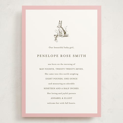 This is a blush grand birth announcements with standard by Megan Davis called classic bunny printing on signature in grand