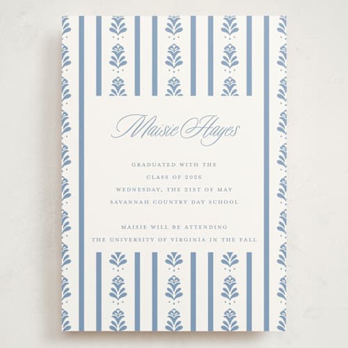 This is a provincial blue graduation announcements with standard by Erin German called sweet garden printing on signature in grand