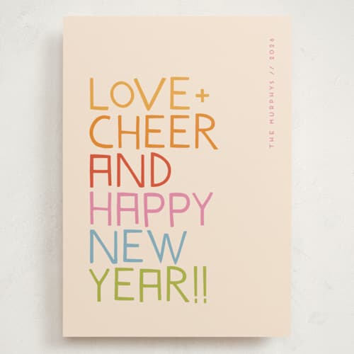 This is a rainbow holiday photo cards with standard by Snow and Ivy called love and cheer printing on signature in grand