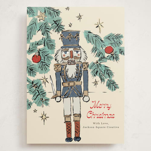 This is a blue spruce holiday photo cards with standard by Cass Loh called nutcracker wishes printing on signature in grand
