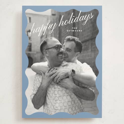 This is a cornflower holiday photo cards with standard by Carrie Moradi called chalet trim printing on signature in grand